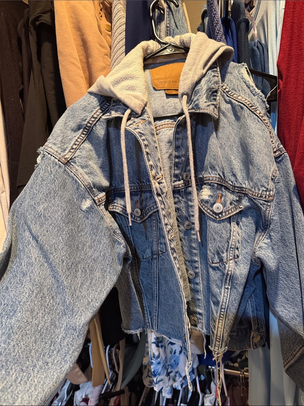 American Eagle Outfitters Light Wash Denim Jacket with Gray Hood